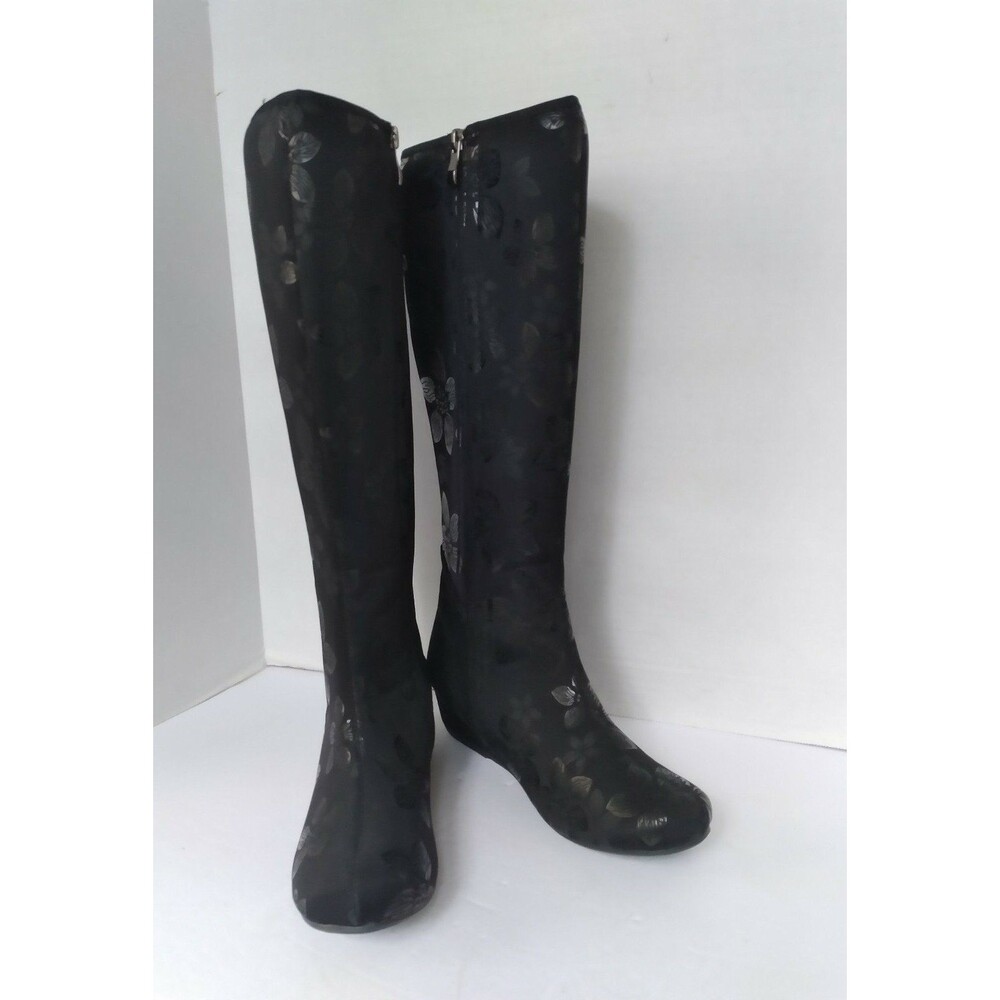 Elegant Black Butterfly Print Knee-High Wedge Boots‎ with Hidden Heel